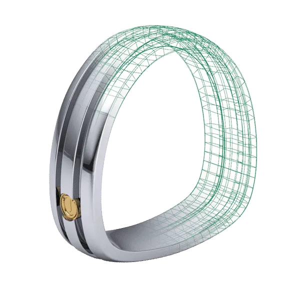 Ring Fit Paragon ring design showcasing a modern, angular shape with a flat bottom, emphasizing comfort and secure fit, featuring a gold accent.