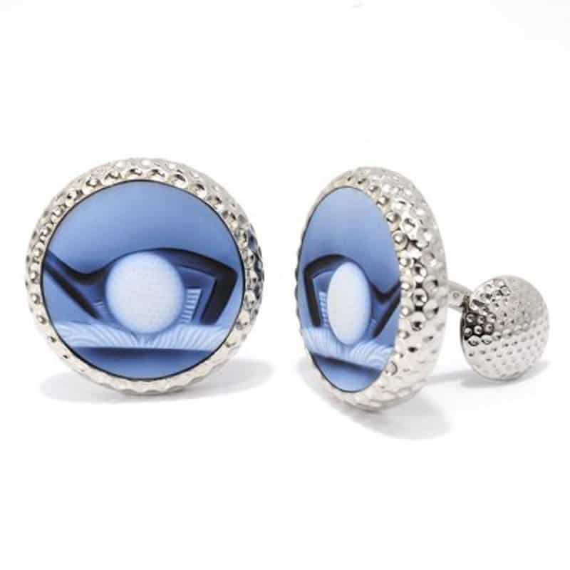 Golf-inspired white gold cufflinks featuring a unique blue design, showcasing elegance and individuality in men's jewelry.