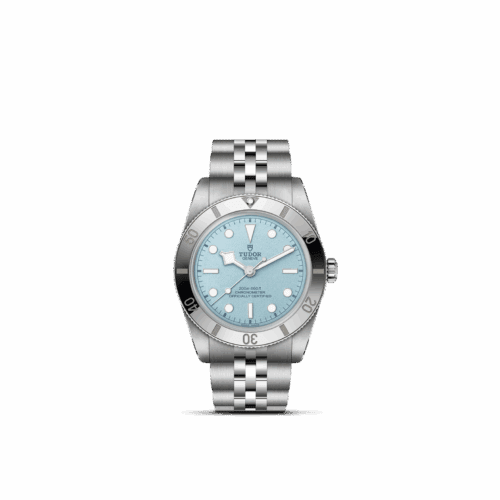 Tudor Royal M28320-0002 watch featuring a light blue dial, stainless steel case, and bracelet, showcasing precision craftsmanship and luxury design elements.