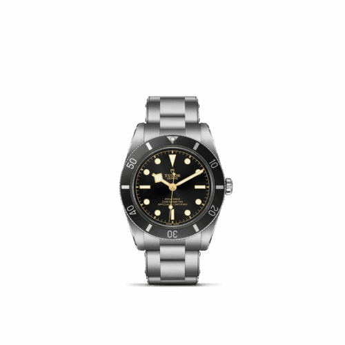TUDOR Black Bay watch featuring a stainless steel case, black dial, and unidirectional bezel, showcased in a luxury jewelry setting at Coffin & Trout Fine Jewelers.