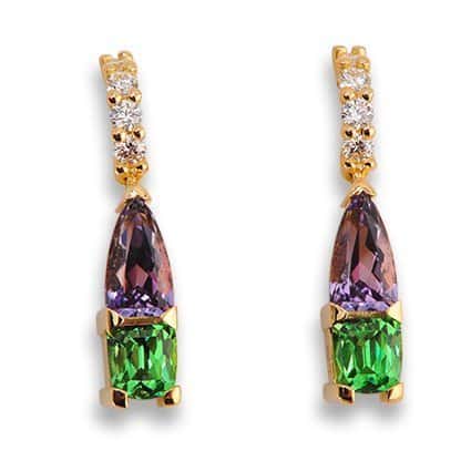 Color Combo Scapolite and Tsavorite Garnet Yellow Gold Earrings featuring purple and green gemstones with diamond accents, showcasing elegance and modern design in fine jewelry.