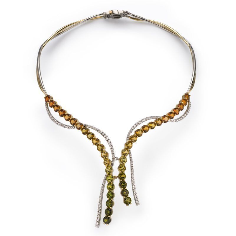 Masterpiece multi-colored tourmaline and diamond necklace featuring a unique design with intricate detailing and vibrant gemstone hues.