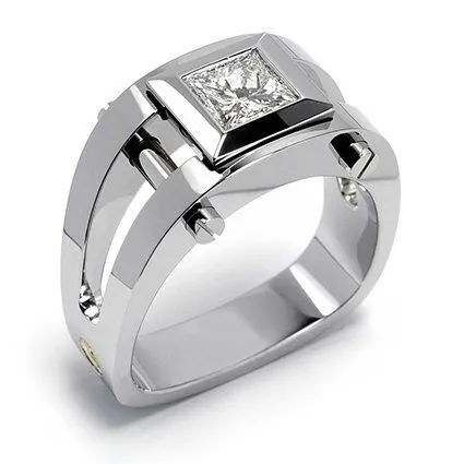 Post-modern platinum men's ring featuring a princess cut diamond, showcasing unique design elements and exquisite craftsmanship.