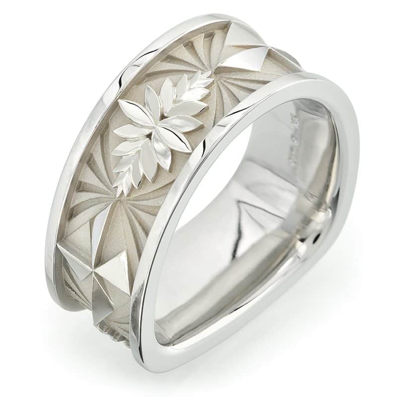 Custom Patterned White Gold Men’s Ring Custom patterned white gold men's ring featuring intricate geometric designs and a floral motif, part of a curated collection of unique men's wedding bands.