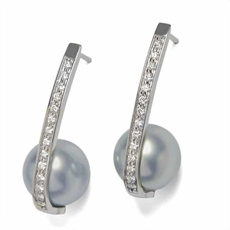 Axis Diamond and Pearl Palladium Earrings featuring elegant gray pearls and sparkling diamond accents, showcasing fine jewelry craftsmanship.