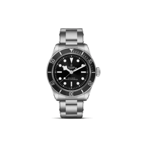 TUDOR Black Bay luxury dive watch with black dial and stainless steel bracelet, featured in Coffin & Trout's collection of fine watches.