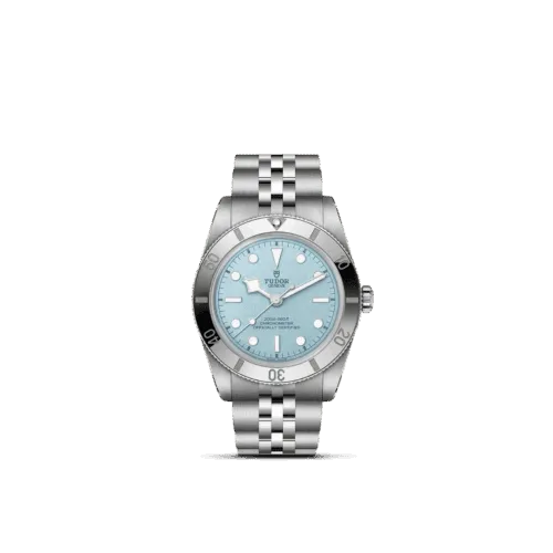 Tudor Royal M28320-0002 watch featuring a light blue dial, stainless steel case, and bracelet, showcasing precision craftsmanship and luxury design elements.