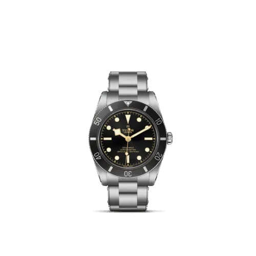 TUDOR Black Bay watch featuring a black dial, luminous hour markers, and a stainless steel bracelet, showcased in the luxury jewelry collection at Coffin & Trout.
