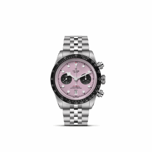 TUDOR Black Bay Chrono watch featuring a pink dial, black sub-dials, stainless steel bracelet, and chronograph functionality, emphasizing luxury craftsmanship and precision.
