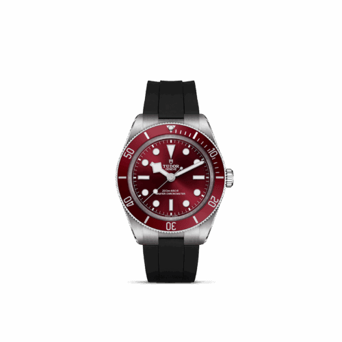 TUDOR watch featuring a red dial and black rubber strap, showcasing luxury craftsmanship and design.