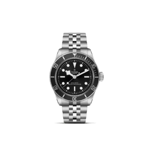 TUDOR Black Bay watch with a black dial, stainless steel case, and bracelet, showcasing luxury craftsmanship and design.