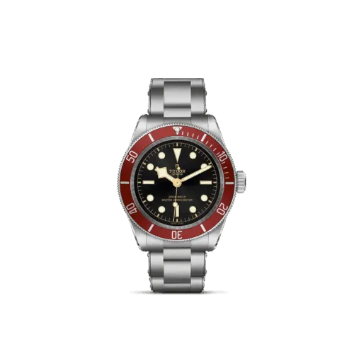 TUDOR Black Bay watch featuring a stainless steel case, black dial, and red unidirectional bezel, showcasing luxury watchmaking craftsmanship.