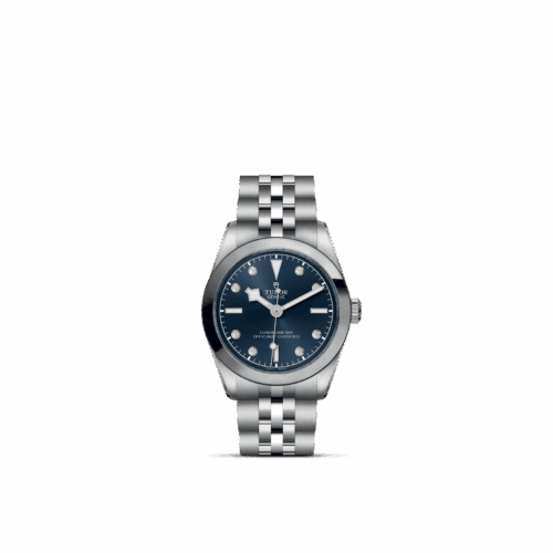 TUDOR Black Bay One 31 watch, model M79600-0005, featuring a blue dial with eight diamonds, stainless steel case and bracelet, polished and satin finish, showcasing luxury craftsmanship and classic design.