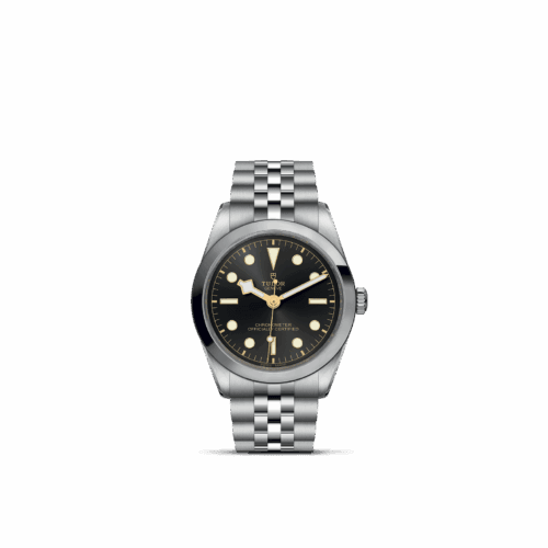 TUDOR Black Bay 36 watch featuring a 36mm steel case, black dial with luminous markers, and a stainless steel bracelet, showcasing luxury craftsmanship and design.