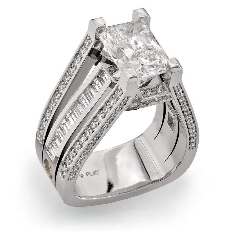 Interlace radiant cut diamond engagement ring in platinum with intricate band design and accent diamonds.