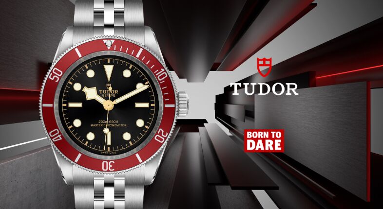 TUDOR watch featuring a black dial and red bezel, set against a dynamic, modern background with the TUDOR logo and slogan "BORN TO DARE," highlighting luxury timepieces available at Coffin & Trout.