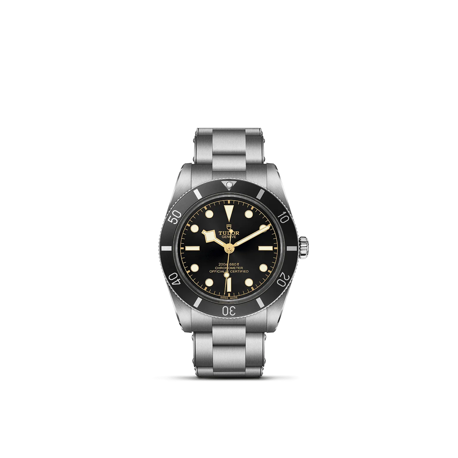 TUDOR Black Bay watch featuring a stainless steel case, black dial, and unidirectional bezel, showcased in a luxury jewelry setting at Coffin & Trout Fine Jewelers.
