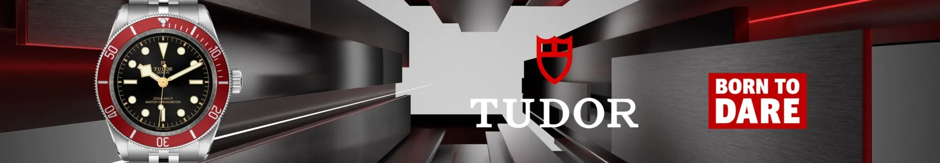 TUDOR watch prominently displayed against a sleek, modern background featuring geometric shapes and contrasting colors, emphasizing luxury and craftsmanship, with the slogan "BORN TO DARE" and TUDOR logo visible.