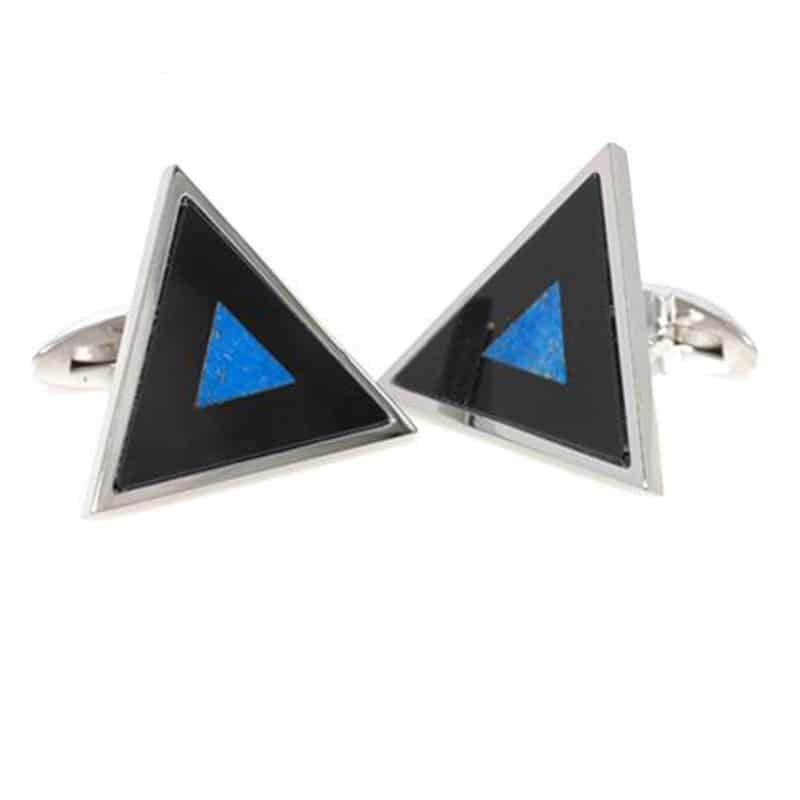 Black onyx and lapis inlaid men's cufflinks with triangular design and silver accents.