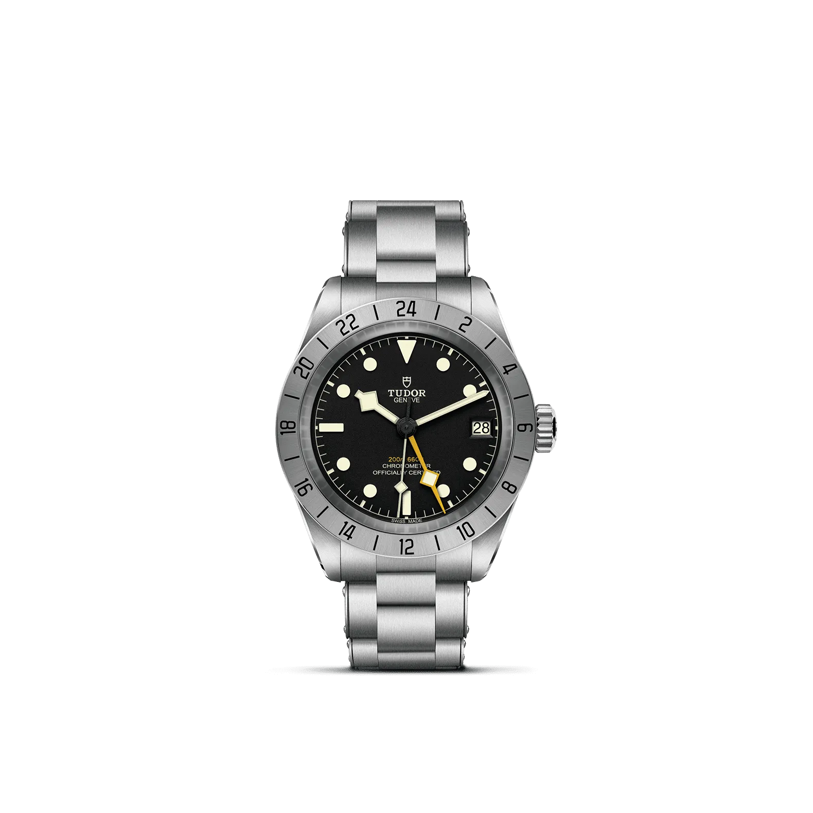 TUDOR Black Bay Pro watch model M79470-0001 featuring a 39 mm steel case, black dial with yellow accents, and a riveted steel bracelet, showcasing luxury craftsmanship and a dual time zone function.