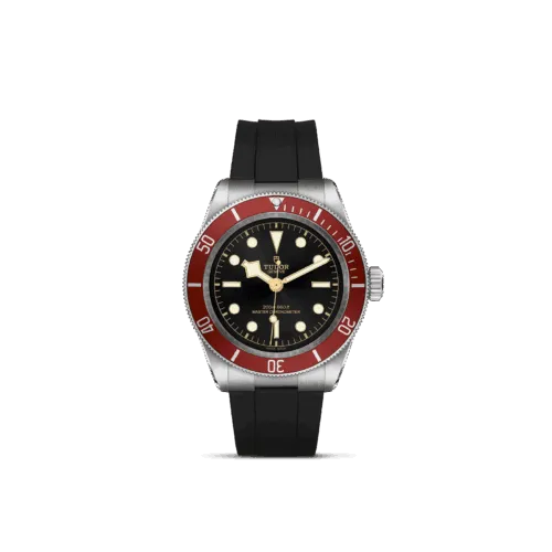 TUDOR Black Bay watch model M7941A1A0RU-0002 featuring a 41mm steel case, black dial, red unidirectional bezel, and rubber strap, designed for luxury timepiece enthusiasts.