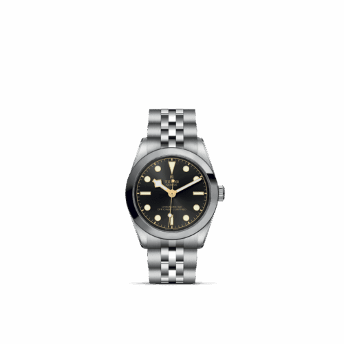 TUDOR Black Bay One 31 watch featuring a polished and satin-finished stainless steel case, black dial with luminous markers, and a stainless steel bracelet, emphasizing luxury and classic design.