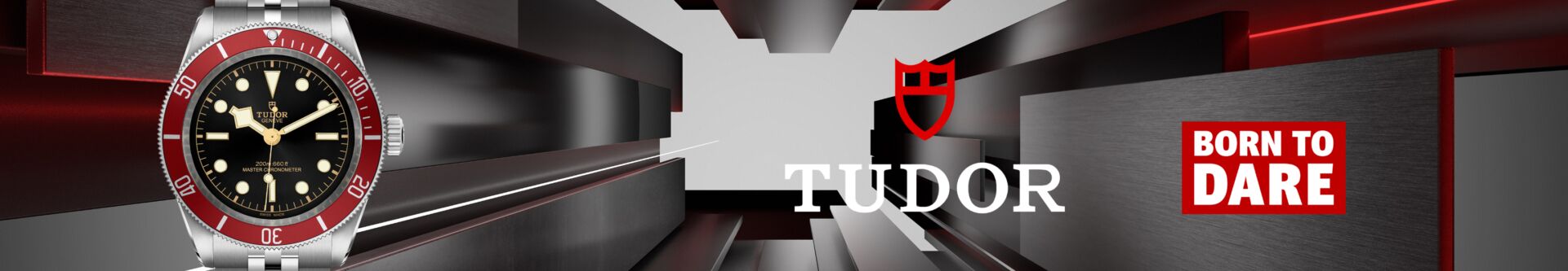 TUDOR watch prominently displayed against a sleek, modern background featuring geometric shapes and contrasting colors, emphasizing luxury and craftsmanship, with the slogan "BORN TO DARE" and TUDOR logo visible.