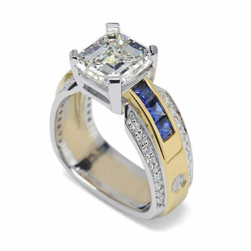 Paragon Square Emerald Cut Diamond and Blue Sapphire Ring