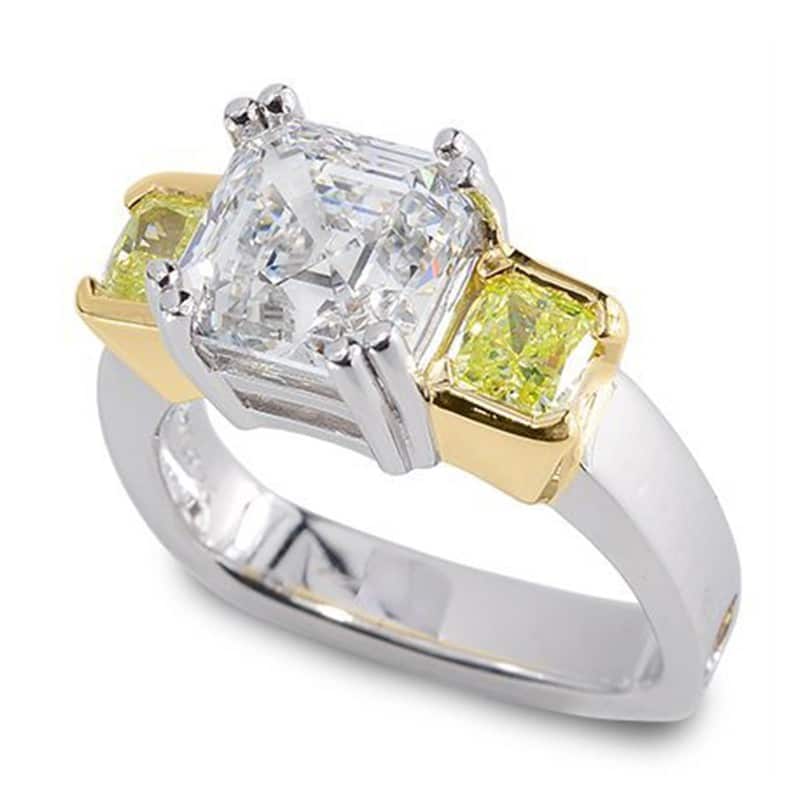 Classique Emerald Cut and Natural Fancy Yellow Diamond 3 Stone Ring