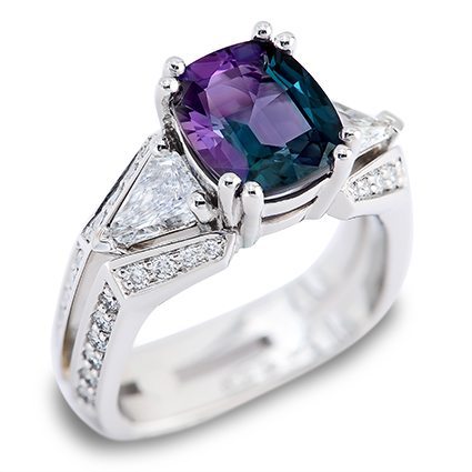 Deco Alexandrite and Diamond Platinum Ring