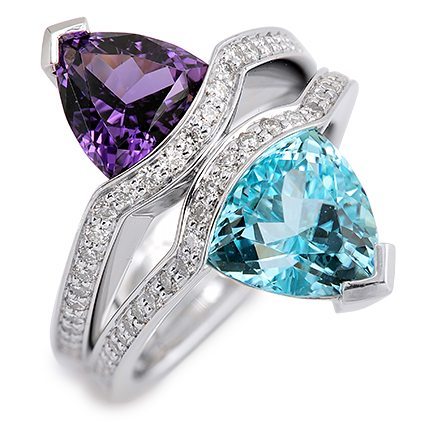 Color Combo Blue Heated and Purple Unheated Cuprian Tourmaline and Diamond Ring