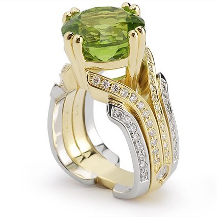 Deco Peridot and Diamond Green Gold and Platinum Fashion Ring