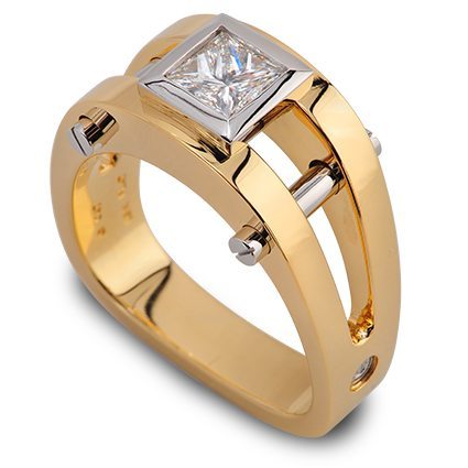 Post Modern Princess Cut Diamond Yellow Gold Men’s Ring