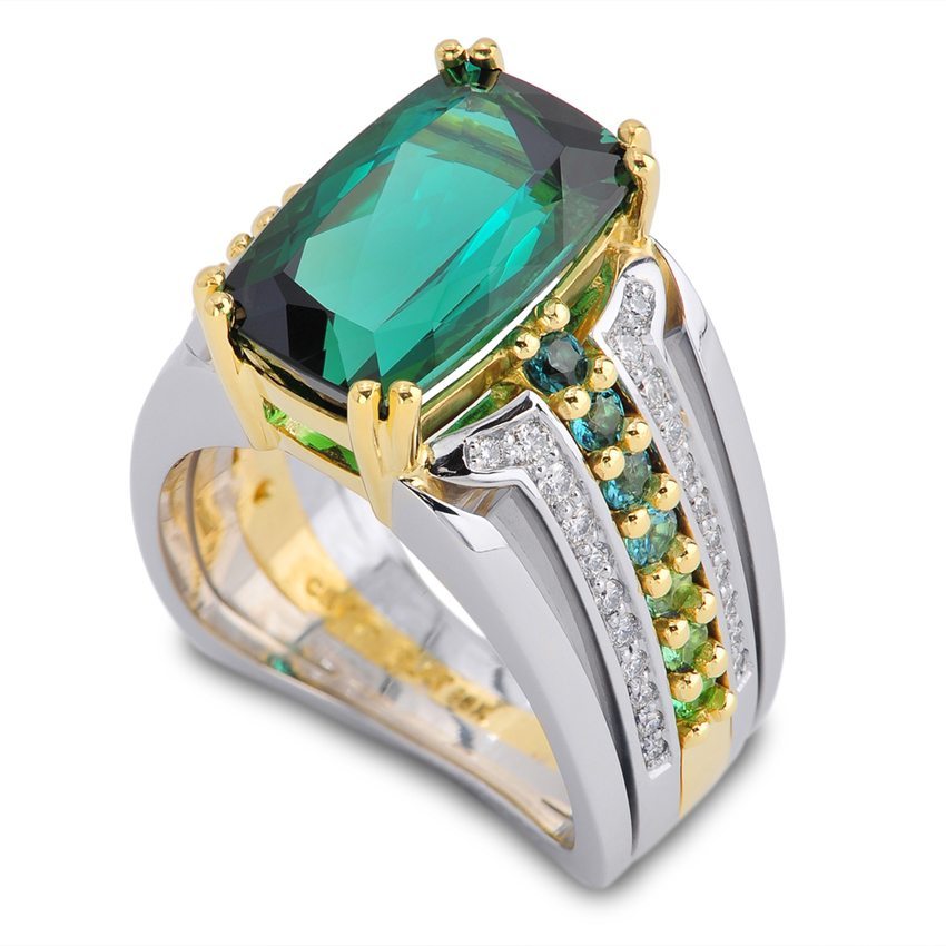 Deco Blue Green Tourmaline and Diamond Green Gold and Platinum Ring