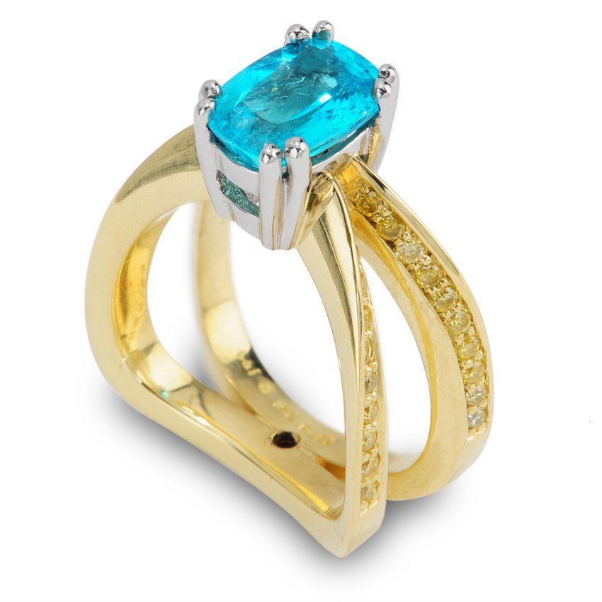 Evolve Cushion Cut Paraiba and Yellow Diamond Ring