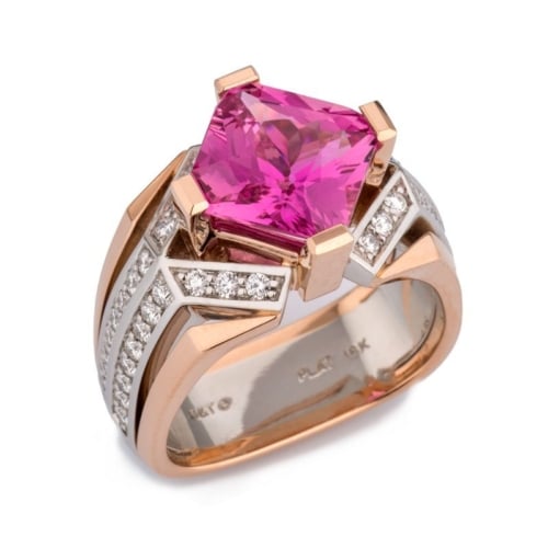 Deco Pink Sapphire and Diamond Rose Gold and Platinum Ring