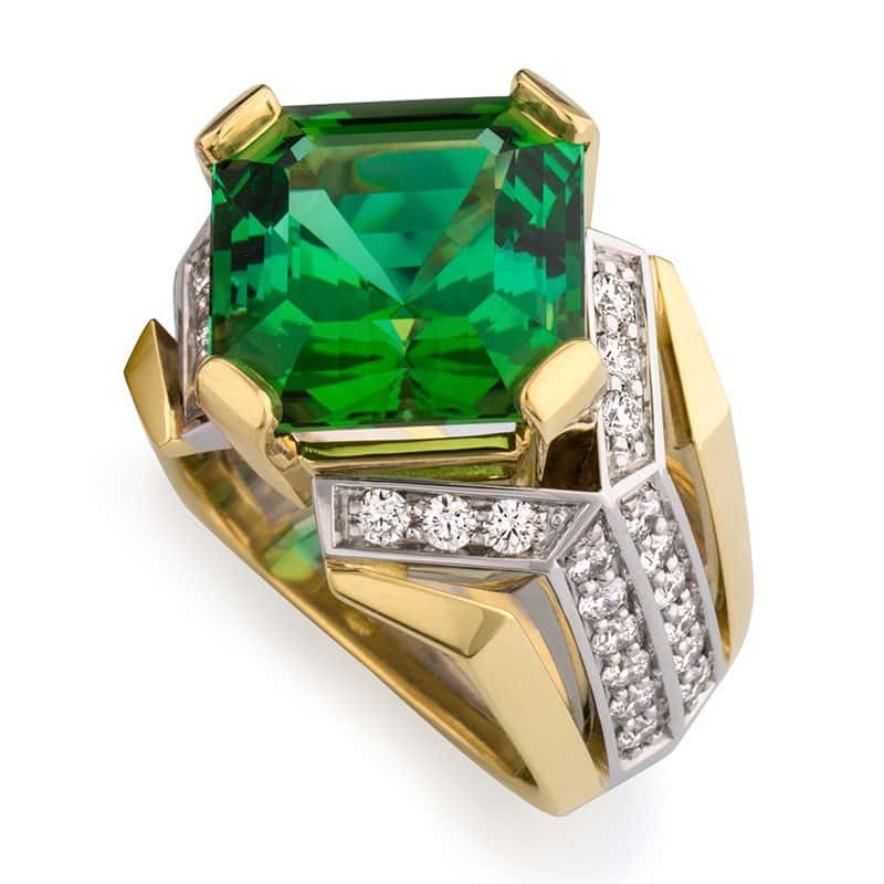 Deco Asscher Cut Green Tourmaline and Diamond Green Gold and Platinum Ring