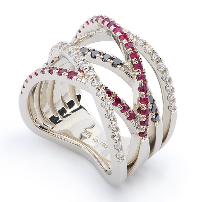 Affinity 5 Row Diamond and Ruby Ring in White Gold