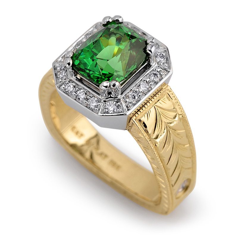 Majestic Tsavorite Garnet Diamond Halo Ring