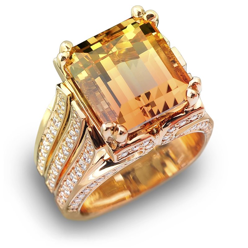 Flora Emerald Cut Bi-Color Tourmaline and Diamond Ring