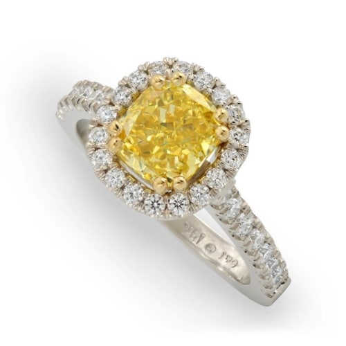 Empress Cushion Cut Yellow Diamond Halo Enagement Ring in White Gold