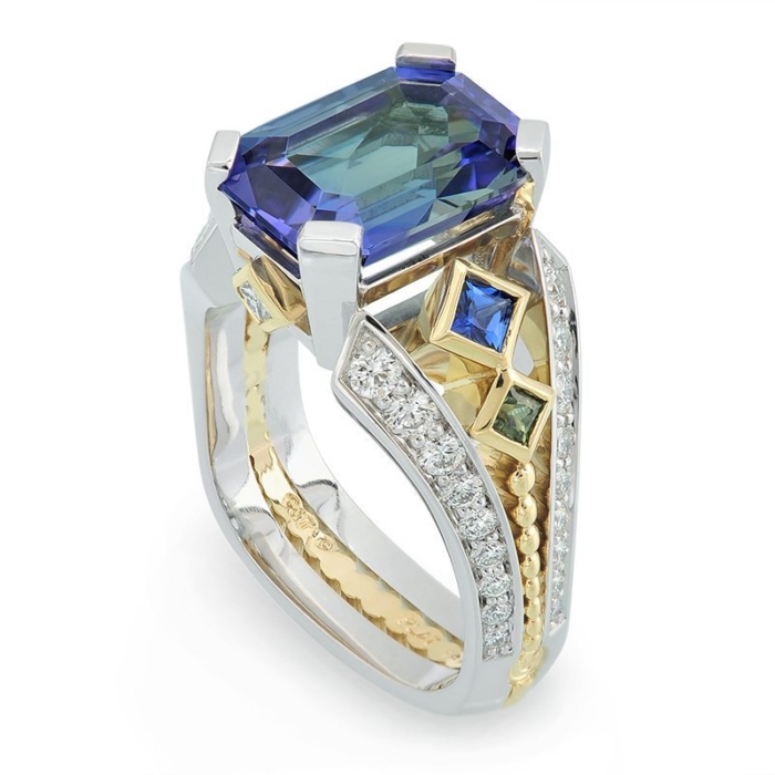 Deco Bi-Color Tanzanite Yellow Gold and Platinum Ring