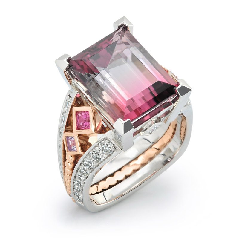 Deco Bi-Color Tourmaline and Diamond Rose Gold and Platinum Ring