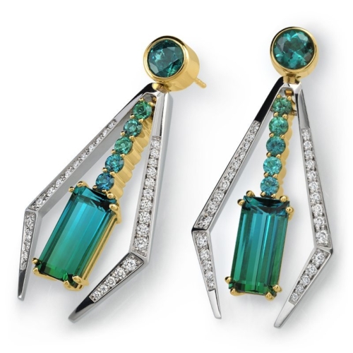 Deco Blue to Green Bi-Color Tourmaline and Diamond Earrings