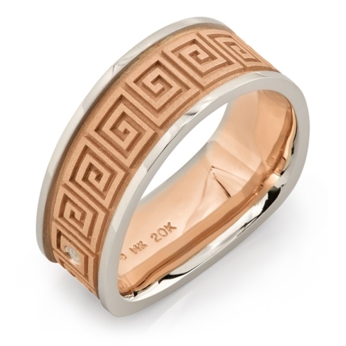 Deco Rose and White Gold Greek Key Men's Wedding Band