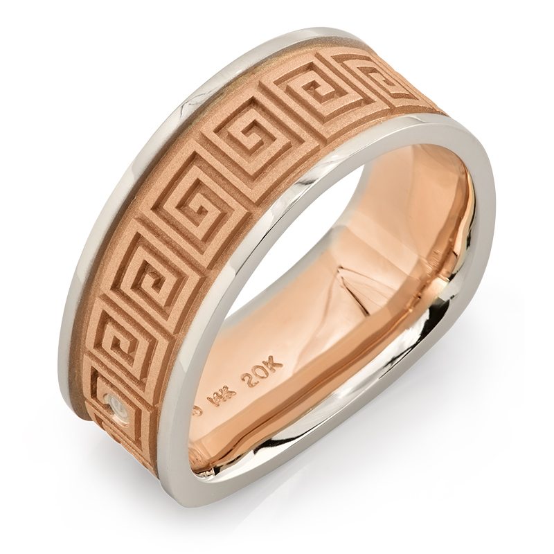 Deco Rose and White Gold Greek Key Men’s Wedding Band