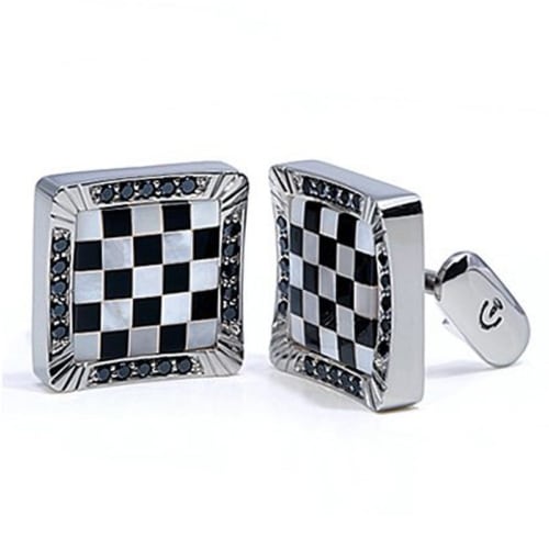 Checkerboard Design White Gold Men's Cufflinks