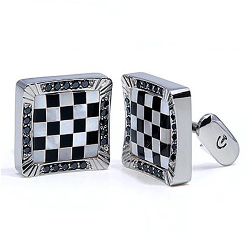 Checkerboard Design White Gold Men’s Cufflinks
