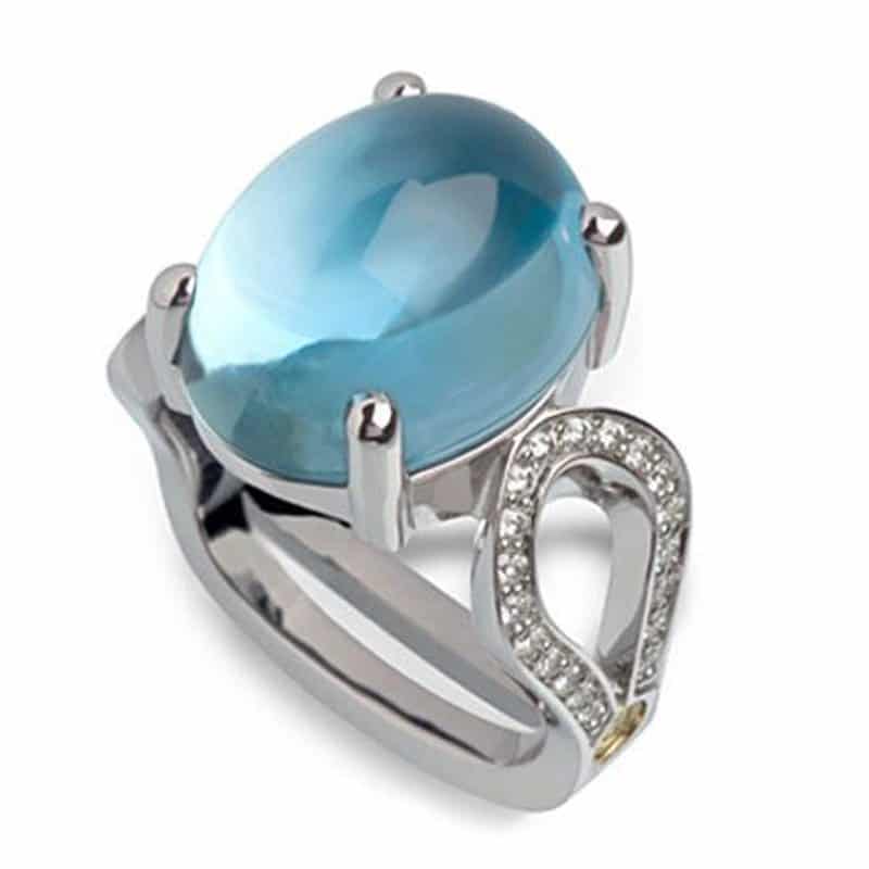 Interlace Aquamarine Cabochon and Diamond White Gold Ring