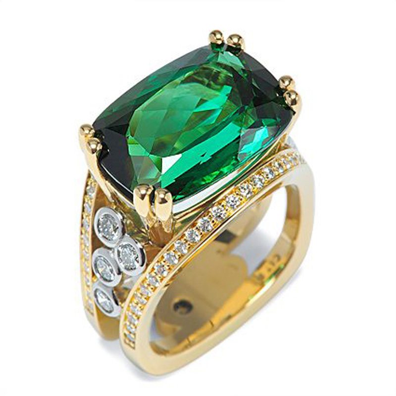 Interlace Green Tourmaline Yellow Gold and Platinum Ring